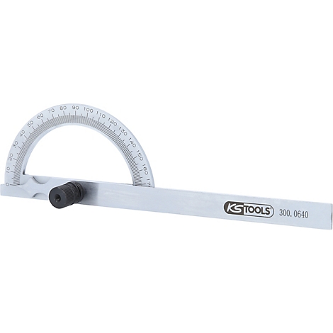 Ein Winkelmesser aus Metall mit einer halbrunden Skala und einem schwarzen Drehknopf.